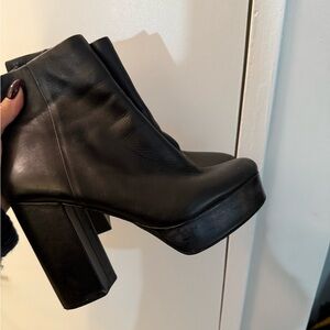 Black Leather Platform Ankle Boots with Heel